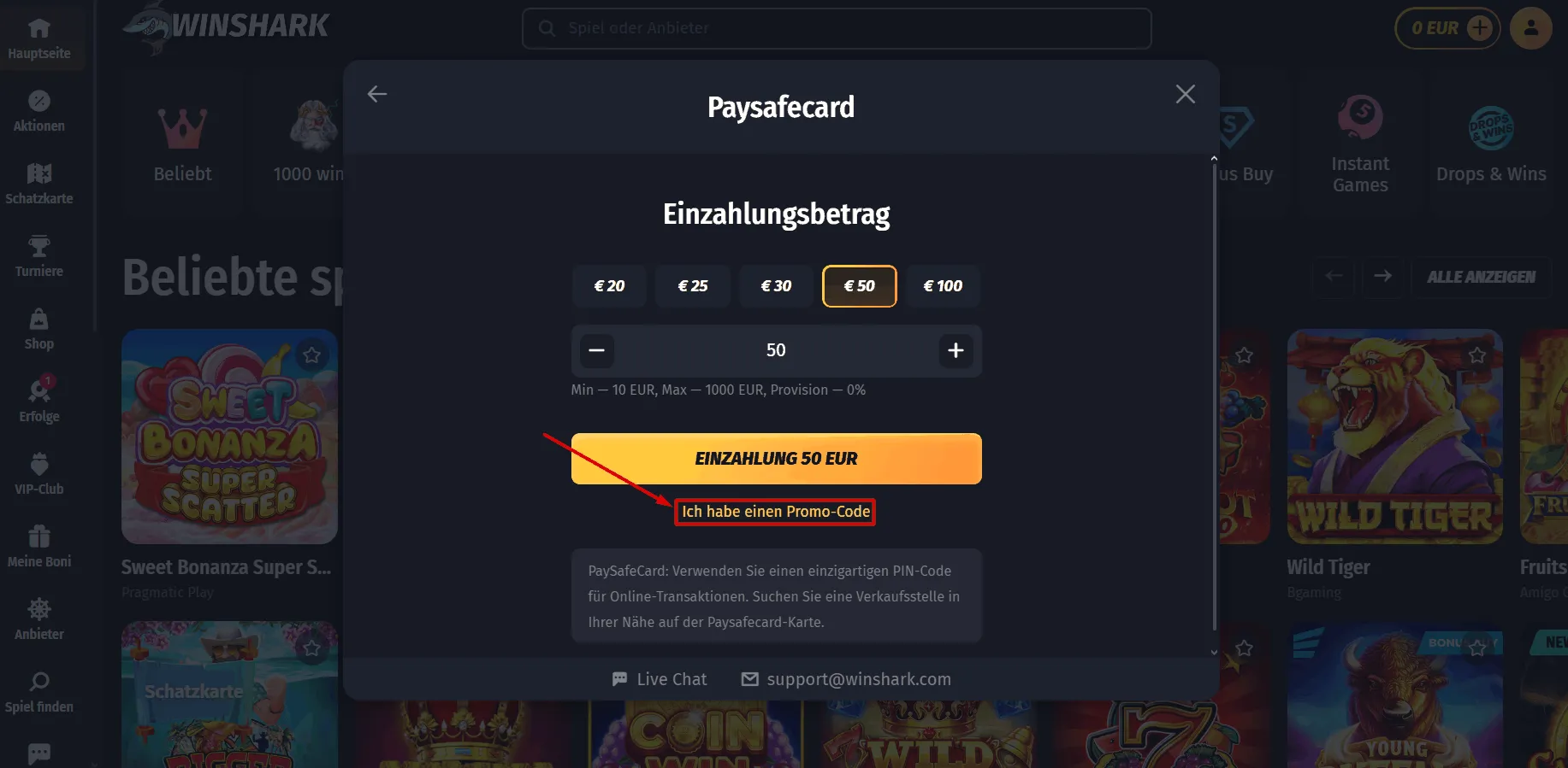 Promo Code im Winshark Casino